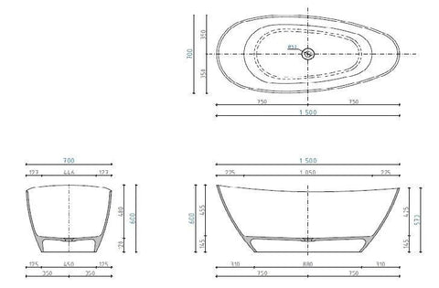 Cadă PALMYRA din marmură turnată, freestanding, de mijloc, 150x70cm – negru / alb mat