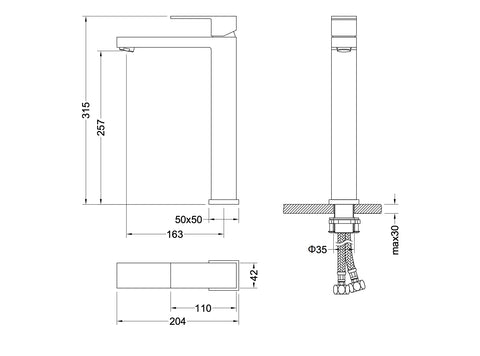 Baterie lavoar inalta Arezzo CUBEFIELD, cu montaj pe blat – crom