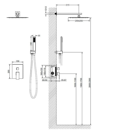 Sistem duș complet Arezzo CUBEFIELD, cu montaj încastrat în perete – crom